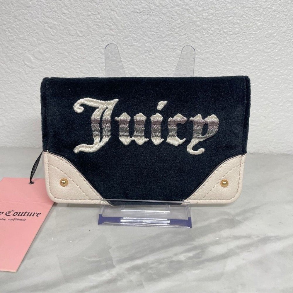 NEW Juicy Couture‎ Black Velour Embroidered Logo Bifold Wallet Cream Trim